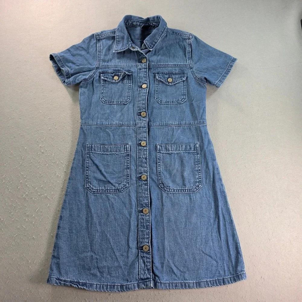 Gap Kids Girls Denim Shirt Dress Blue Medium Wash Short Sleeve Button Front L 10